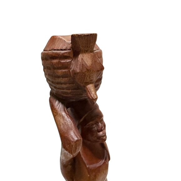 Hand-Carved Wooden African Woman Figurine with Basket Decor - Picture 3 of 10